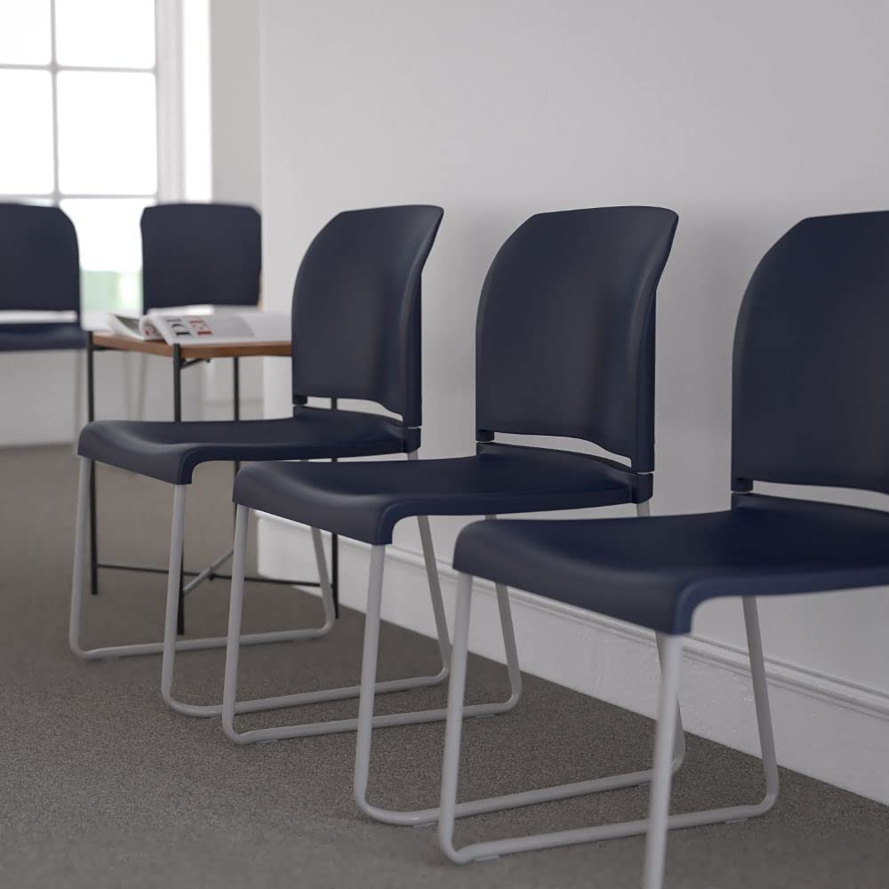 Flash Furniture HERCULES Series 880 lb. Capacity Navy Full Back Contoured Stack Chair with Gray Powder Coated Sled Base