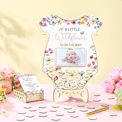 Image of Wenqik 63 Pcs Wildflower Baby Shower Guest Book Alternatives Set Baby Shower Decorations with Photo Frame Sonogram Frame Keepsake 60 Wood Slices Guest Book for Birthday