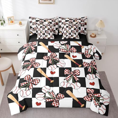 Image of 7 Pcs Baseball Cherry Bow Bedding Sets with Sheets,Comforter,Pillowcases,Pillow Covers Checkered Bowknot Sports Style Comforter Set Black White Patchwork Grid Bedroom Dorm Decor Bed Set,King Size