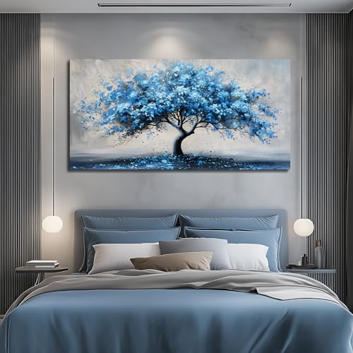 KELIYUAN Canvas Wall Art For Living Room Framed Wall Decorations For Bedroom Office Wall Decor Abstract Painting Blue Tree Pictures Artwork Ready To Hang Guesthouse Room Mural Home Decor 20x40 In