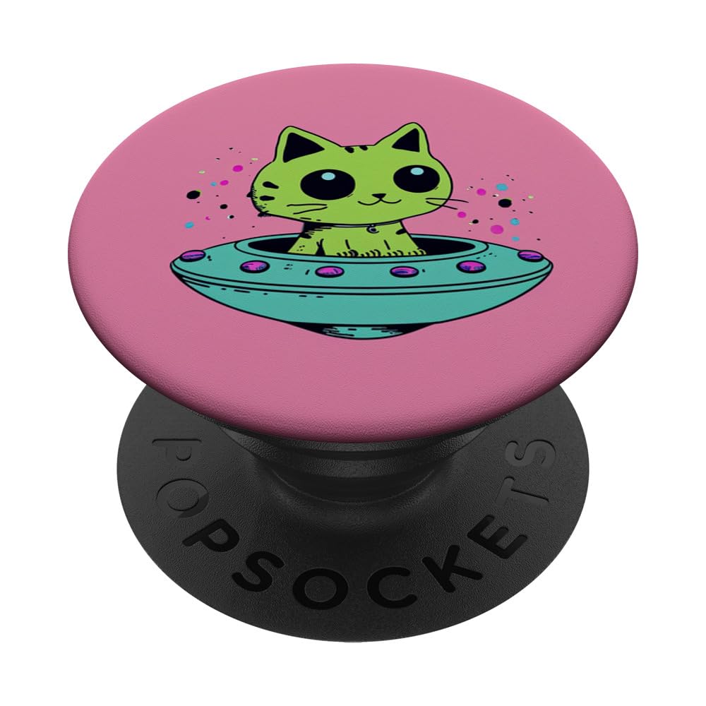 Cat Alien Kitty Spaceship Cat Mom Dad PopSockets Swappable PopGrip, Black
