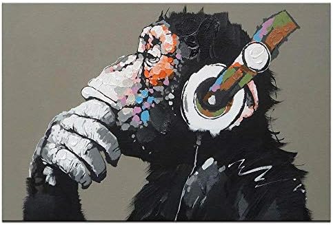 Canvas Wall Art Animals Animal Music Gorilla Canvas Printed Painting Modern Funny Thinking Monkey with Headphone Wall Art for Living Room Decor Ready to Hang 1 Panel 12" x 16"