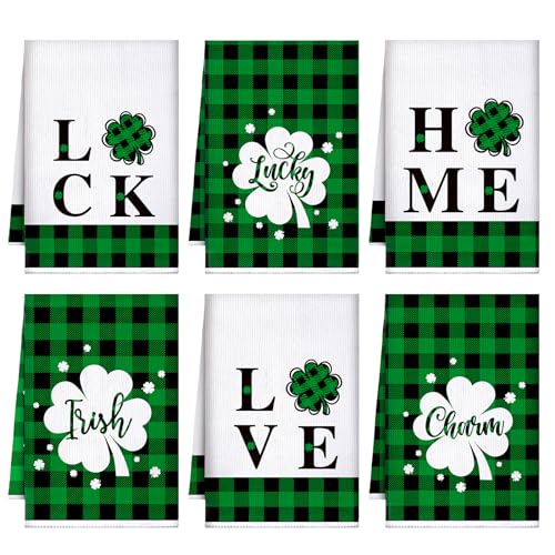 Honoson 6 Pcs St Patrick's Day Kitchen Towels St. Patrick's Day Dish Towels Shamrocks Gnomes Plaid Absorbent Bathroom Set Tea Cloth for Kitchen Home 16 x 24 Inches(Green and Black,Home Style)