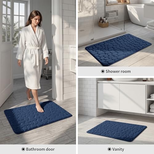 Image of YIHOUSE Memory Foam Bath Mat Cobblestone Bathroom Rugs Super Water Absorbent Bath Mats for Bathroom Machine Washable Bath Rugs(17x24,Dark Blue)
