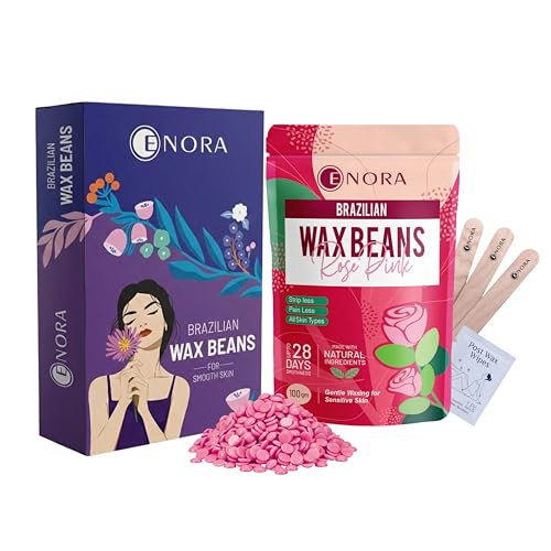 Image of ENORA Brazilian Stripless Wax Beans for Women (100g) | With Wooden Spatula | Natural | For Face, Chin, Hairline, Bikini Area & Full Body Hair Removal (100 Gram, Rose Pink)