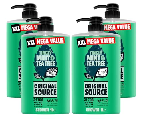 Original Source Mint & Tea Tree Shower Gel with 100% Natural Fragrance, Vegan Shower Gel, Paraben Free Body Shower Wash, Multipack of 4 x 1000ml, XXL MEGA Value, Pump Bottle