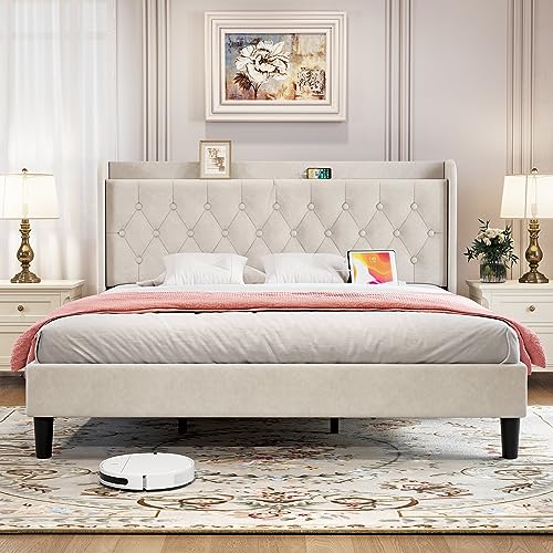 Image of koorlian King Velvet Bed Frame, Adjustable Upholstered Platform Bed Frame with Type-C&USB Ports, Wingback Storage Headboard, Solid Wood Slats Support, No Box Spring Needed, Noise-Free, Beige