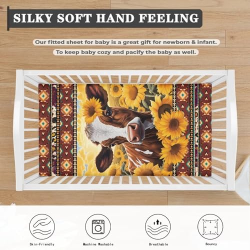 Image of Sunflower Cow Fitted Crib Sheet for Baby Girls Boys Bed Sheet Set Southwest Aztec Toddler Mattress Sheets for Standard Crib 28 inch x 52 inch Nursery Bedding Sets