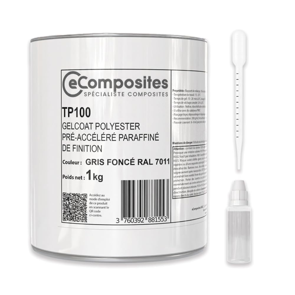 Gelcoat Polyester | 1 kg | Gris Foncé RAL 7011 | + Catalyseur PMEC + Pipette de dosage 3 ml, Gel Coat pour Bateau, Topcoat pour Camping car