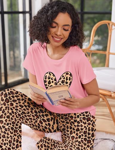 Image of Ekouaer Pajama Sets for Women Round Neck Pjs Short Sleeve Sleepwear with Long Pants Loose Lounge Sets