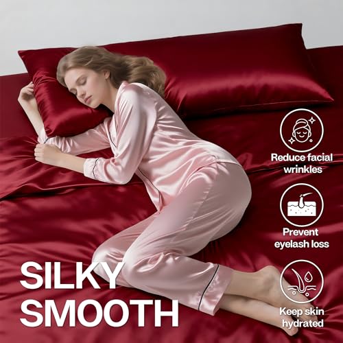 Image of MR&HM Satin Body Pillow Cover, Soft and Breathable Body Pillow Case with Envelope Closure, Cooling and Silky Long Pillowcase for Hair and Skin,Grey (20x54, Burgundy)
