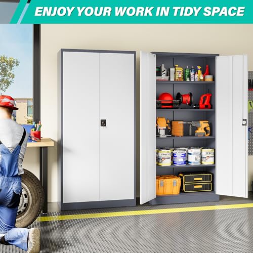 Image of Wide & Deep Metal Storage Cabinet with Shelves,72 inch Tall Garage Storage Cabinet with Lock,Gray White Metal Cabinets with Locking Doors,Large Steel Lockable Cabinets for Home,Office,Shop,Garage