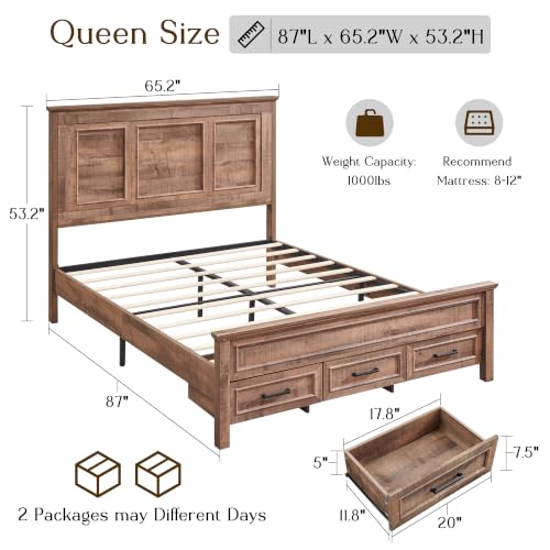 Image of ACCOHOHO Farmhouse Queen Size Bed Frame with 53 inch Tall Headboard Light Brown