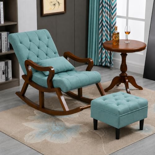 Image of Solid Sheesham Wood Rocking Chair with Ottoman | Velvet Upholstered Relaxing Chair for Living Room | Comfortable Single Seater Arm Chair with Footrest & Cushion | Turquoise | Pre-Assembled