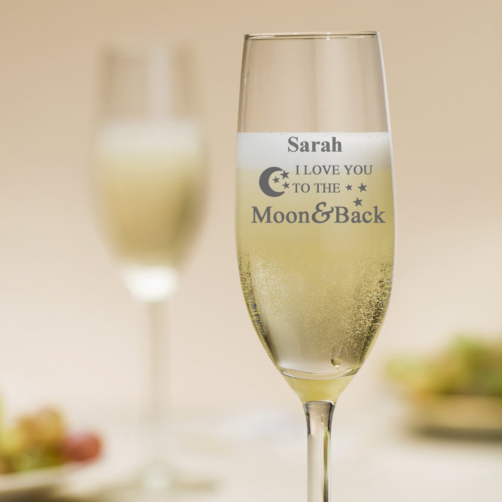 Ukgiftstoreonline Champagne Glass Personalised I Love You To The Moon And Back Glass Gifts For Him And Her (Champagne Glass)