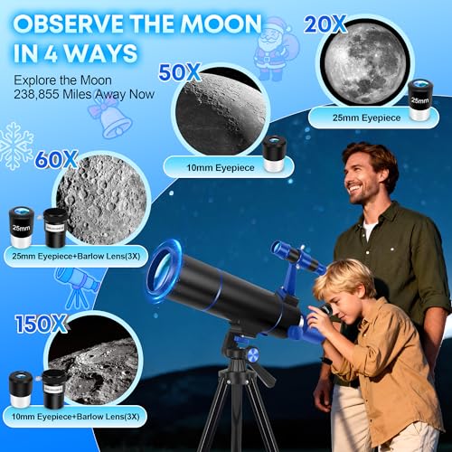 Image of Hawkko Telescope for Adults & Kids Beginners, 80mm Aperture 500mm Telescopes for Adults Astronomy, (20X-150X) Portable Refractor Telescope Kit with Decorate Stickers, Backpack, Phone Adapter-BlackBlue