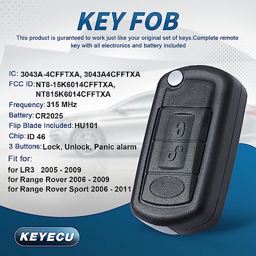 Keyecu Replacement Flip Remote Car Key Fob 315MHz PCF7941 for LR3 Range Rover Sport 2005-2011 FCC ID:NT8-15K6014CFFTXA - Image 3