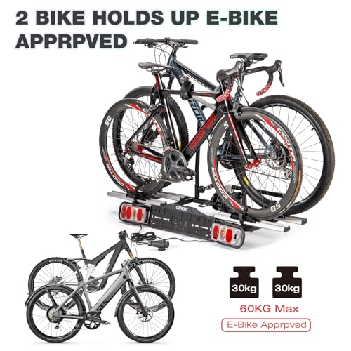 Bicycle Carrier for Towing Hitch 2 Bicycles E-Bike 60 kg Foldable, Car Bicycle Carrier Towing Hitch with Rear Light and Number Plate Holder, Lockable, Coupling Carrier for Ebike