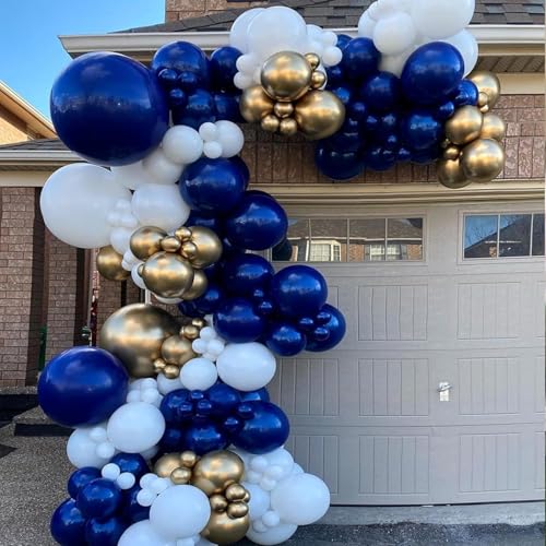 Image of Blue and Gold Balloon Arch Kit, Explosion Star Royal Dark Blue and Metallic Gold White Balloons 22 18 12 10 5 Inch Different Size Balloons for Anniversary Wedding New Year Birthday Decorations