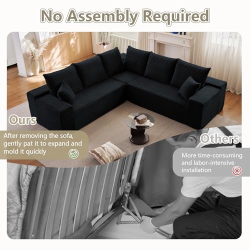 Image of Sectional Cloud Couch for Living Room, Modern Modular Floor Deep-Seat Sofa, Upholstered L Shaped Sofas, Big Comfy Corduroy Couches Set for Living Room Bedroom, No Assembly Required, Black