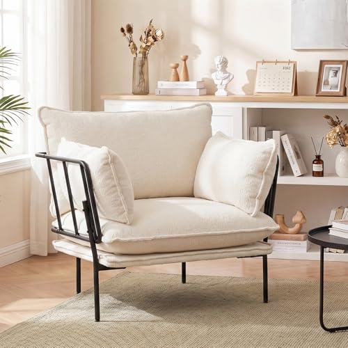 Modern Boucle Accent Chair, Oversized Lounge Chair with Deep Seat, Upholstered Reading Chair Armchair Single Sofa with Side Pillows & Black Metal Frame for Living Room, Bedroom, Balcony (Cream)