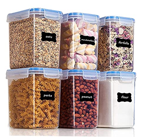 Image of Kitchen Storage Container Set of 6pc Food Safe & BPA Free Plastic Kitchen Containers and Jars 500ml Cereal Dispensers Airtight Fridge Container with Leakproof Lid (1.0L, Rectangular, Transparent)
