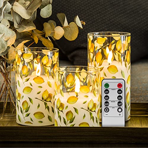 Eywamage Velas de cristal LED de limón amarillo con mando a distancia, velas parpadeantes sin llama 3 "H 4" 5" 6" Cover