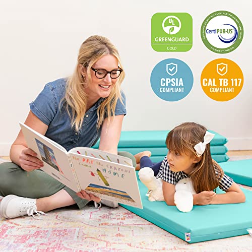 Image of ECR4Kids SoftZone Rainbow Rest Time Mat with Name Tag, Sleeping Pad, Seafoam, 5-Piece
