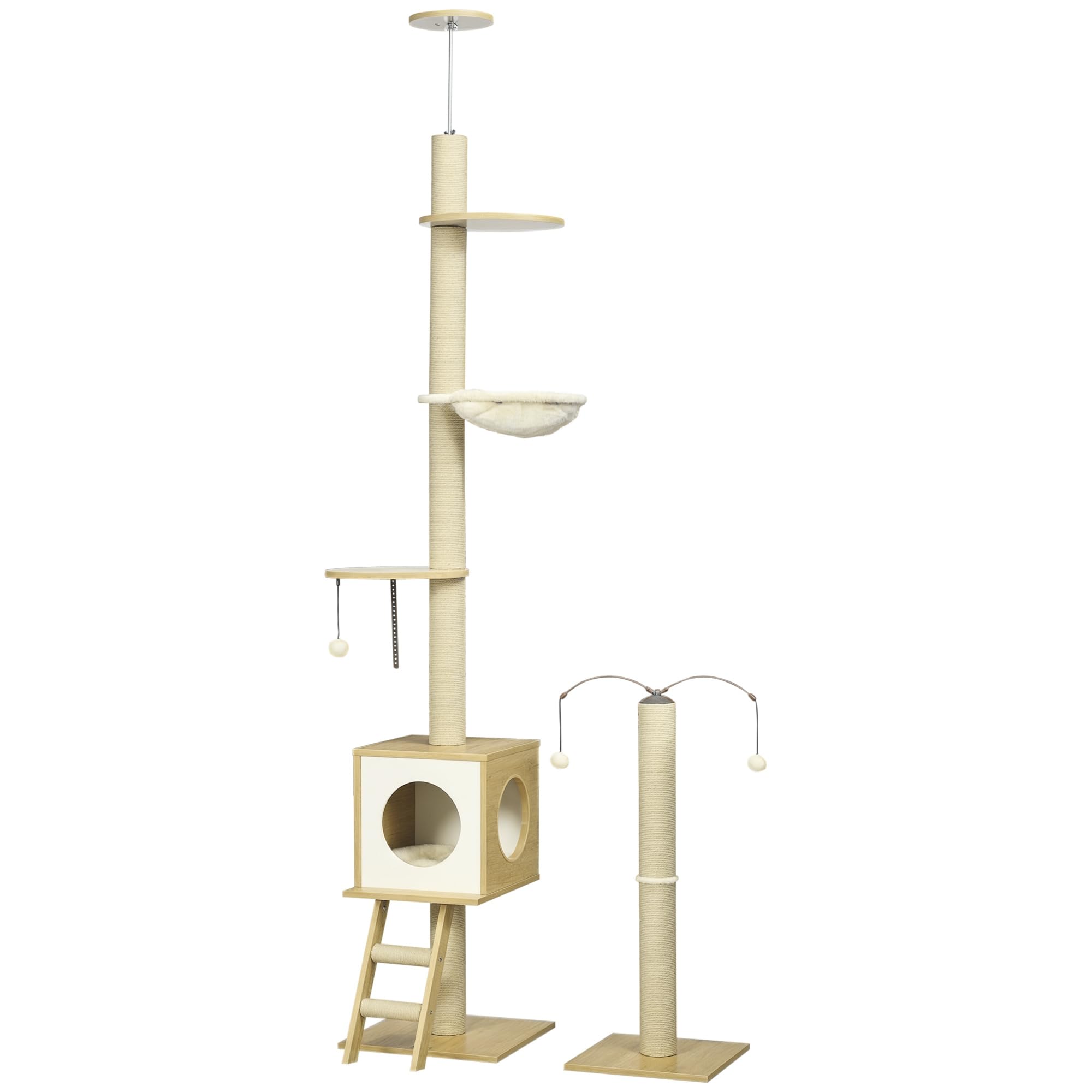 PawHut Árbol para Gatos Techo Ajustable 40x40x225-285 cm Beige | 225-285 cm Altura Ajustable, Árbol para Gatos Grande, con Plataformas, Hamaca, Caseta, Poste de Yute, Rampa y Bolas