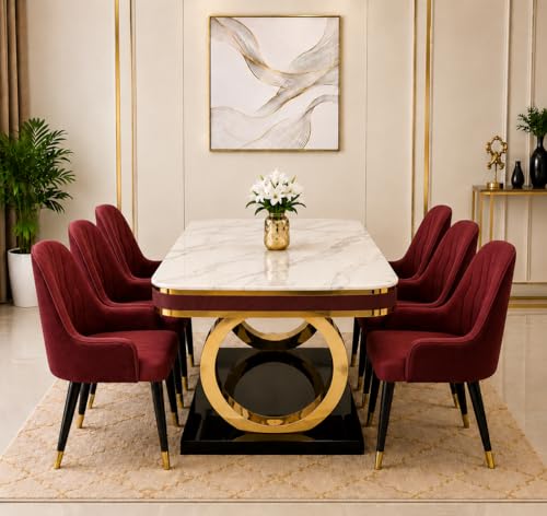 Image of 6-Seater Dining Table with Nano Composite Marble Top and PVC Golden Wooden Base |2yr Warranty - Includes 6 Fabric Upholstered Chairs (Maroon, White Marble Top)