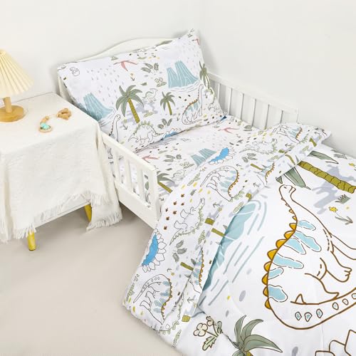 Image of SWESEN Toddler Bedding Set for Boys, Cute Dinosaurs Toddler Boy Bedding Set, Soft & Lightweight 4 Piece Toddler Comforter Sets Include Comforter, Flat Sheet, Fitted Sheet, Pillowcase