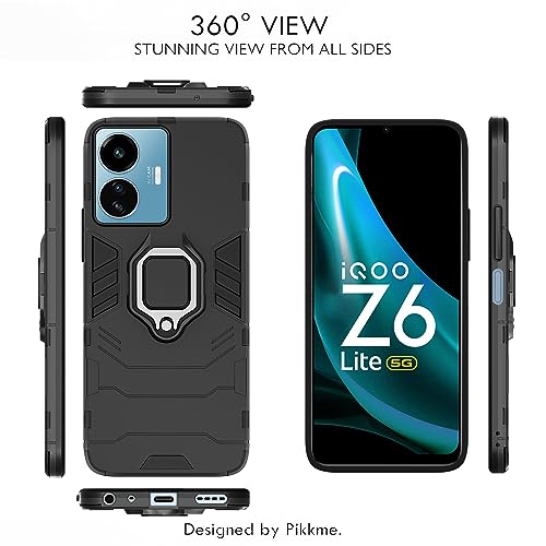 Image of Pikkme Back Cover for iQOO Z6 Lite 5G | 360 Protection | Ring Holder | Kickstand | Tough Armor Case (Black)
