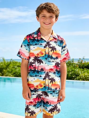 Image of UNICOMIDEA Boys Hawaiian Outfits Tropical Print Button Down Shirt + Swim Trunks 2 Piece Sets for 5-12T Kids