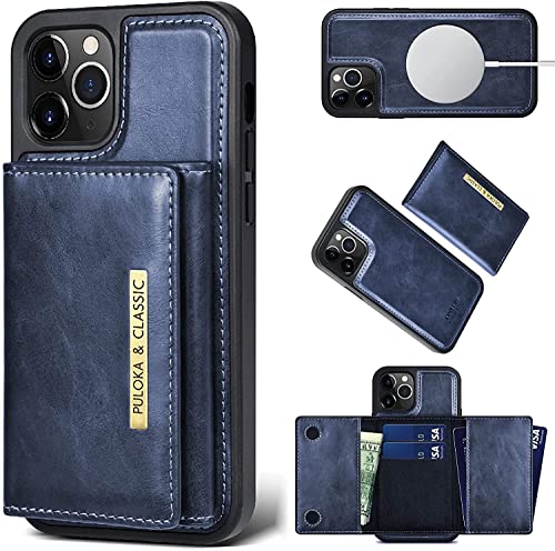 Image of PULOKA iPhone 13 PRO Pu Leather Wallet Case Cover with 5 Card or Cash Slot Magnetic Detachable 2 in 1 Removable Smart Case - Blue