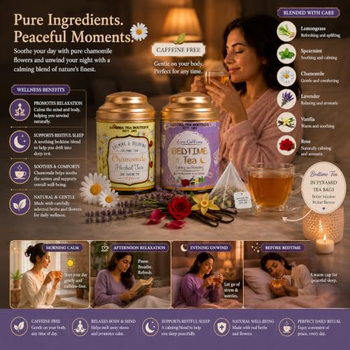 Image of Sancha Tea Boutique, Tea Combo Pack: Chamomile Herbal (50g) & Bedtime Tisane (25 Pyramid Bags), Best Sleep, Calming & Relaxing Caffeine Free Herbal Tisanes
