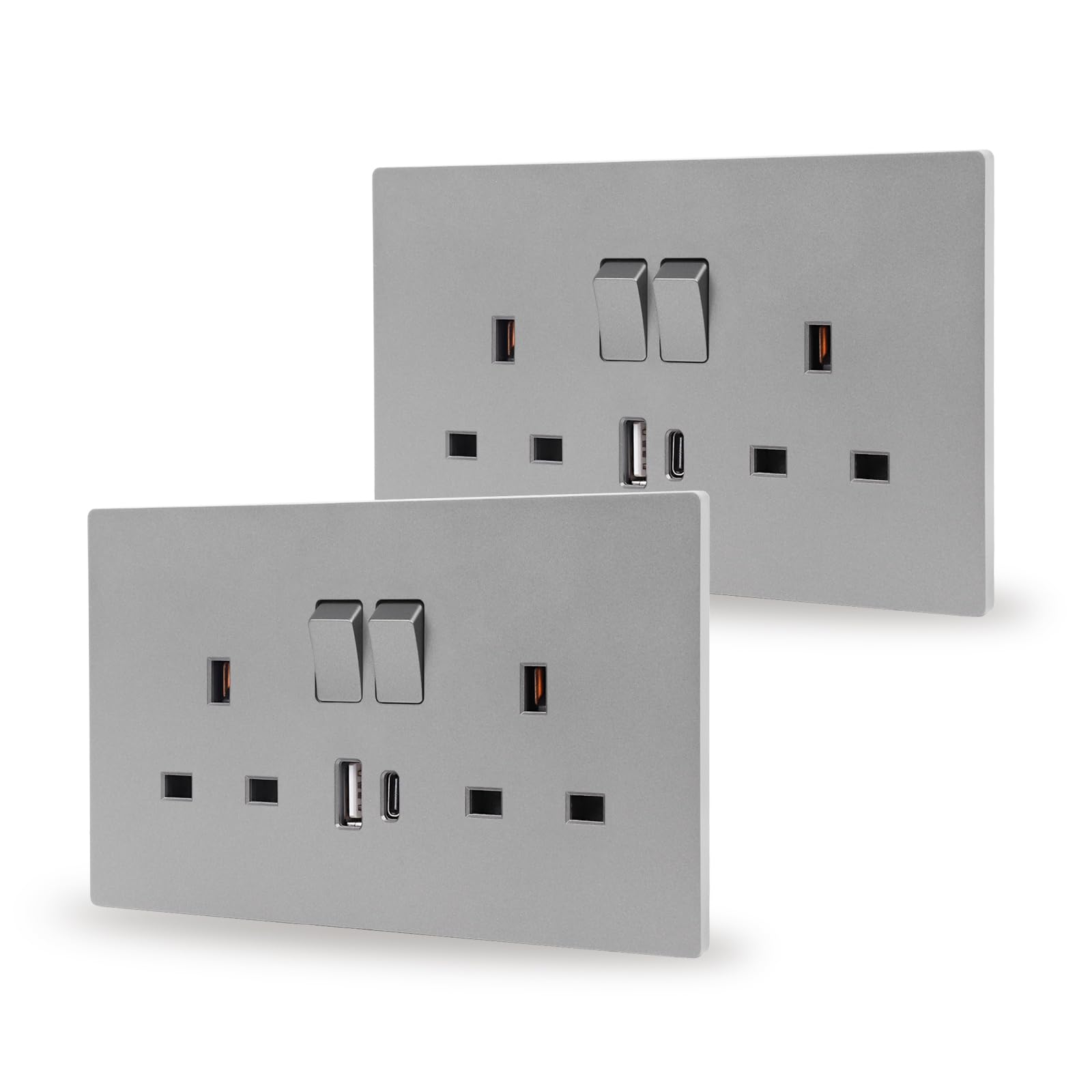 JIMEIDA 2 Pack Double Switched Socket Grey 13 Amp with USB-A And Type-C Charging Ports PC Panel Wall Outlet Power Socket