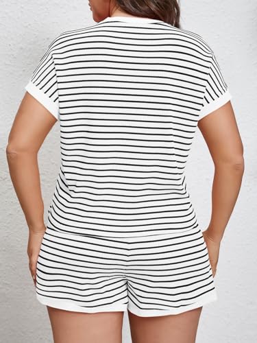Image of Beautife Womens Plus Size Lounge Set 2 Piece Outfits Stripe Short Sleeve Shirts Tops Shorts Summer Casual Loungewear