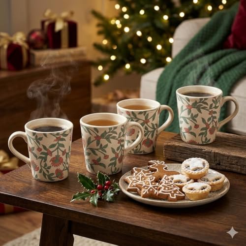 Image of Miah Decor Handcrafted Floral Design Multicolour Stoneware Ceramic Handcrafted Mugs. Microwave Safe, Freezer Safe, Dishware Safe Drinkware Tea Cups Set- Set of 4 (Size - 300 ML)