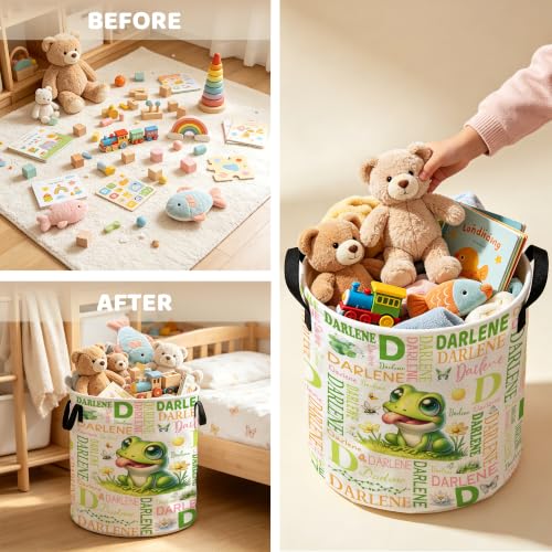 Image of Custom Frog Laundry Hamper, Personalized Laundry Basket with Name, Customized Dirty Clothes Basket for Clothes Toy Bathroom Bedroom Storage,S-16.5 inchX 13.8 inch