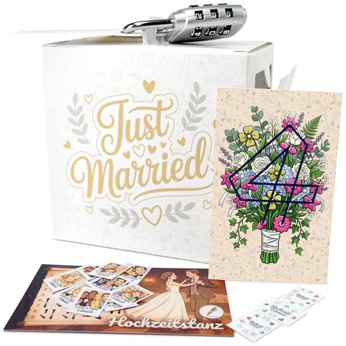 QUESTIX Rätsel Geschenkbox Hochzeit für Geld Gutscheine und kleine Geschenke - Rätselbox mit Hochzeitsrätseln zum Befüllen - Hochzeit Geldgeschenk für Brautpaar originell verpacken