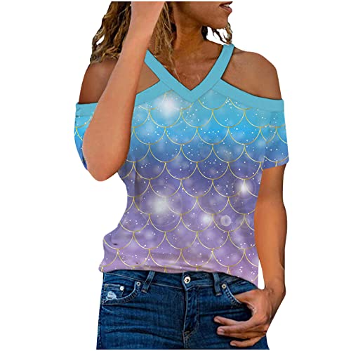 Womens V Neck Cold Shoulder Short Sleeve Tops Gradient Fish Scales Print T Shirt Ladies Slim Casual Blouse Graphic Tees