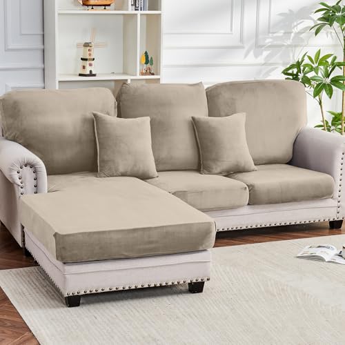 Image of Couch Cover 6-Piece Elastic Velvet Couch Cushion Covers & Chaise Slipcovers for L-Shaped Sofas - Sofa Seat Covers Washable, Soft Protector for Couches (5 Seater + Chaise, Taupe)