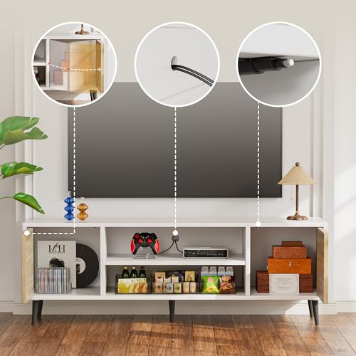 Image of JUMMICO TV Stand for 65 Inch TV, Mid Century Modern TV Stand, Entertainment Center with Storage Cabinet and Open Shelves, TV Console Table Media Cabinet for Living Room, and Bedroom (White)