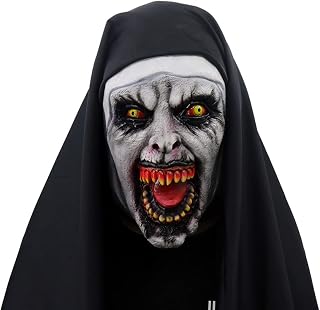 Máscara de freira de Halloween assustadora máscara de cabeça inteira com lenço de cabeça freira vestido cosplay fantasia máscaras adereços de festa unissex preto, Preto, tamanho �nico