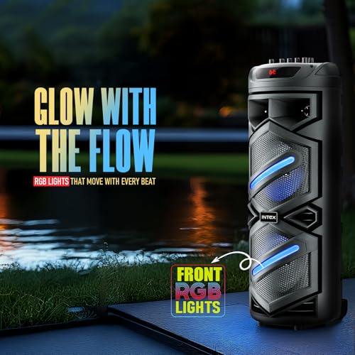 Image of Intex Thriller 1100 Trolley Speaker | 110W Sound Output | Rechargeable Battery | Karaoke Wireless Mic | Mobile Holder | RGB Lights | FM /USB /AUX /BT Playback | 8 inch Woofer (Black)