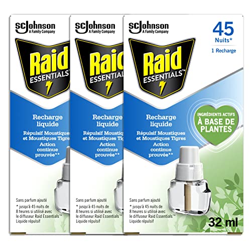 Raid Essentials Recharges Diffuseur Électrique Liquide - Répulsif Moustiques et Moustiques Tigres 45 Nuits - Sans Parfum Ajouté - 3 Recharges