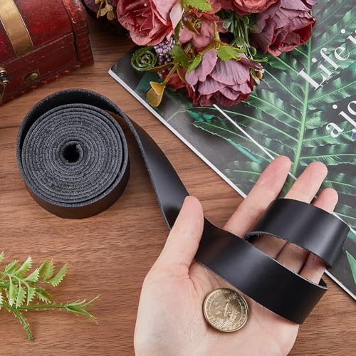 GORGECRAFT 2m×25mm Genuine Cow Leather Strap 1.8mm thick AB Grade Cowhide Leather Cord Black Glossy Full Grain Oil Flat Cowhide Leather Strips for Tooling Workshop DIY Craft Shoes Sewing Patchwork - Image 3