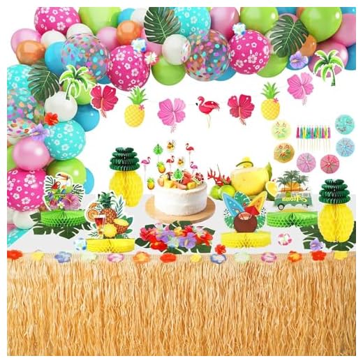 Hawái Luau Fiesta Decoración 102Pcs Tropical Aloha Productos Cumpleaños Verano Playa Globos Guirnalda Hierba Faldón Mesa Centro Mesa Panal Flamingo Piña Hibiscus Palma Bandera Cake Topper