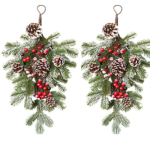 Shtain 2Pcs Pine Needle Door Teardrop Wreath, 21.7Inch Swags And Wreaths Christmas With Pine Cones, Ribbon Bow & Hanging Pine Needle, Artificial Teardrop Swag Christmas Swag For Indoor & Outdoor Home #TOP1