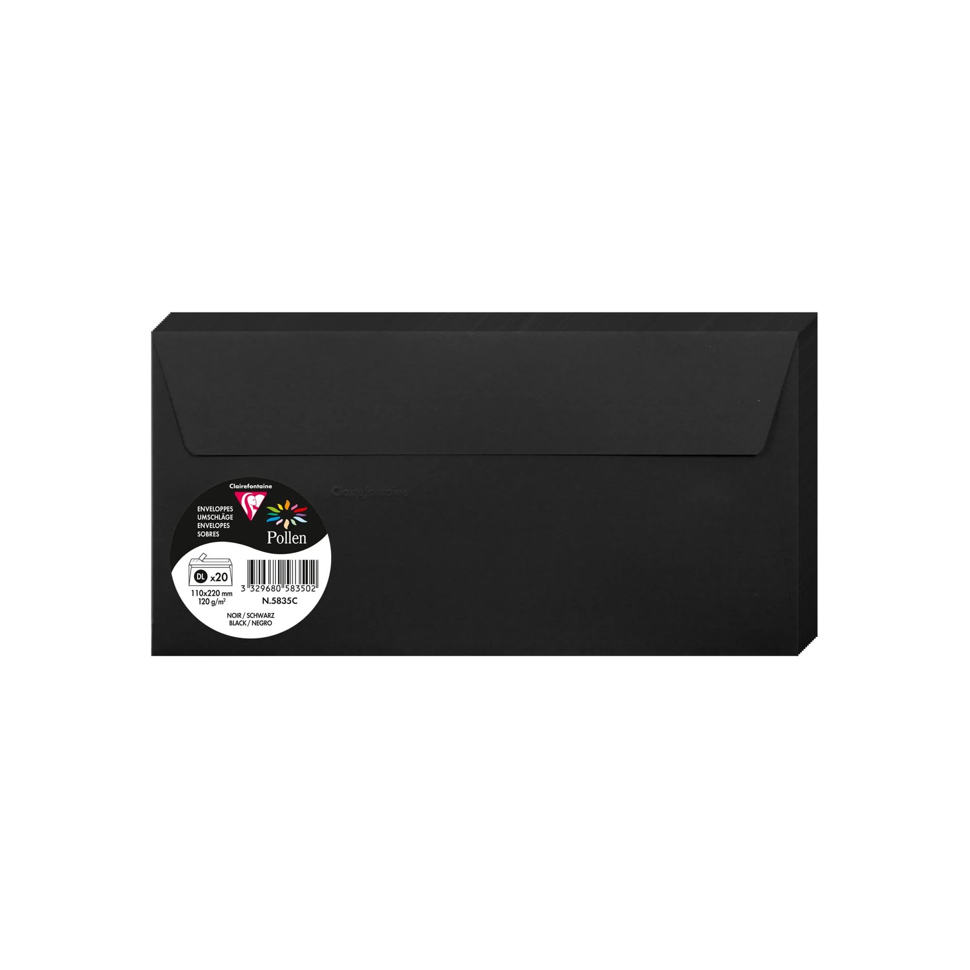 Clairefontaine 5835C Pack of 20 Self-Adhesive Envelopes Format DL 11x22cm 120gsm Colour Black Invitation Events Correspondence Pollen Range Premium Paper